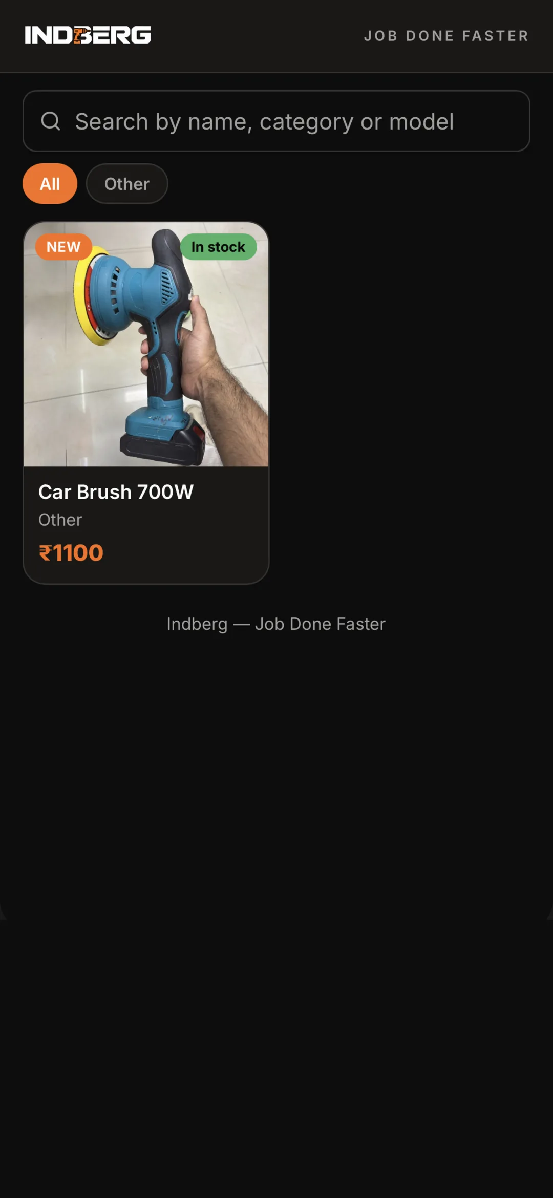 Indberg app product catalogue with power tool listings and prices
