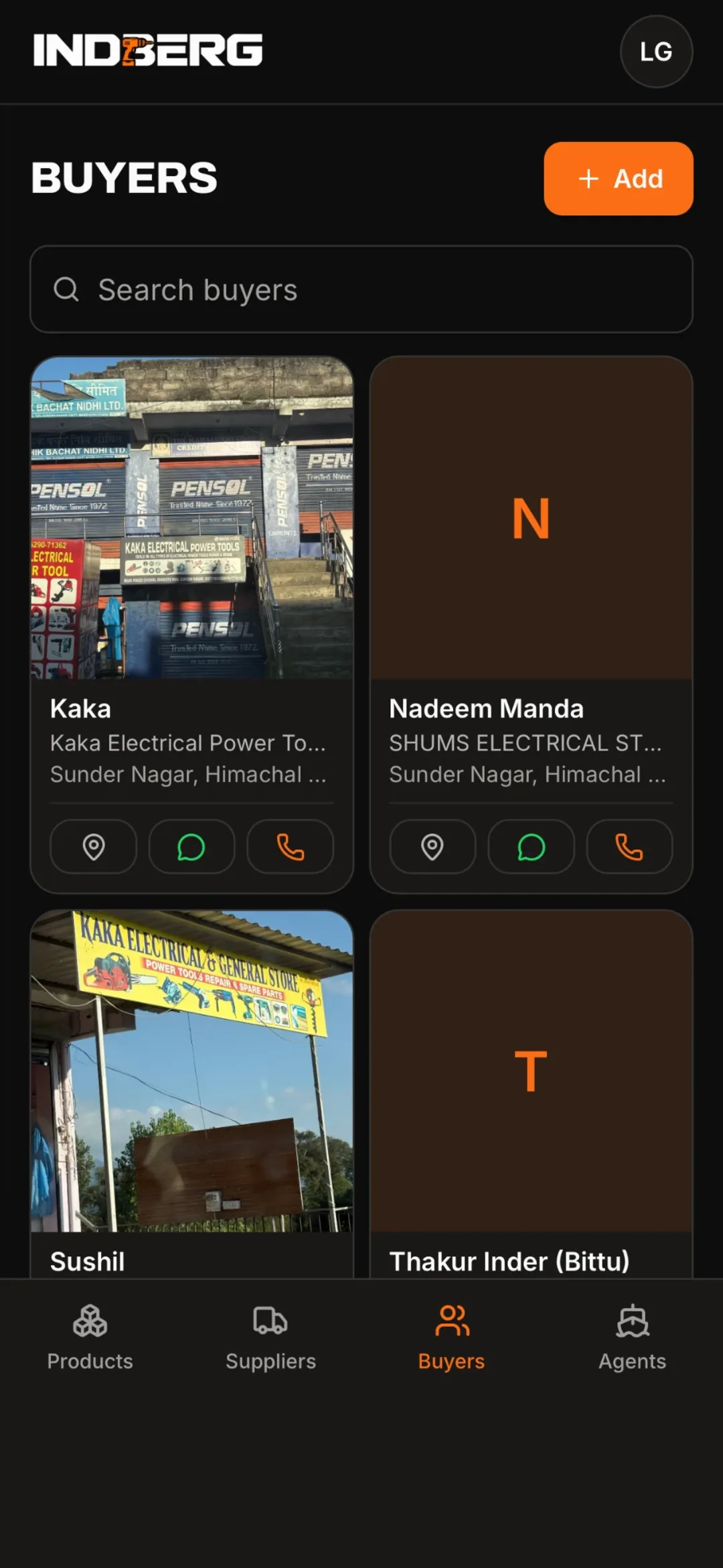 Indberg app buyers list with shop photos and quick call actions