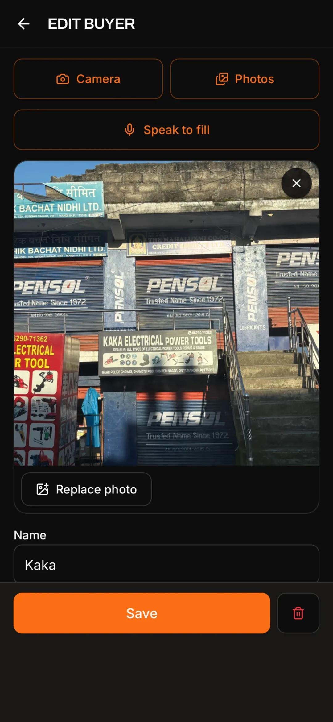 Indberg app edit buyer screen with photo upload and speak-to-fill