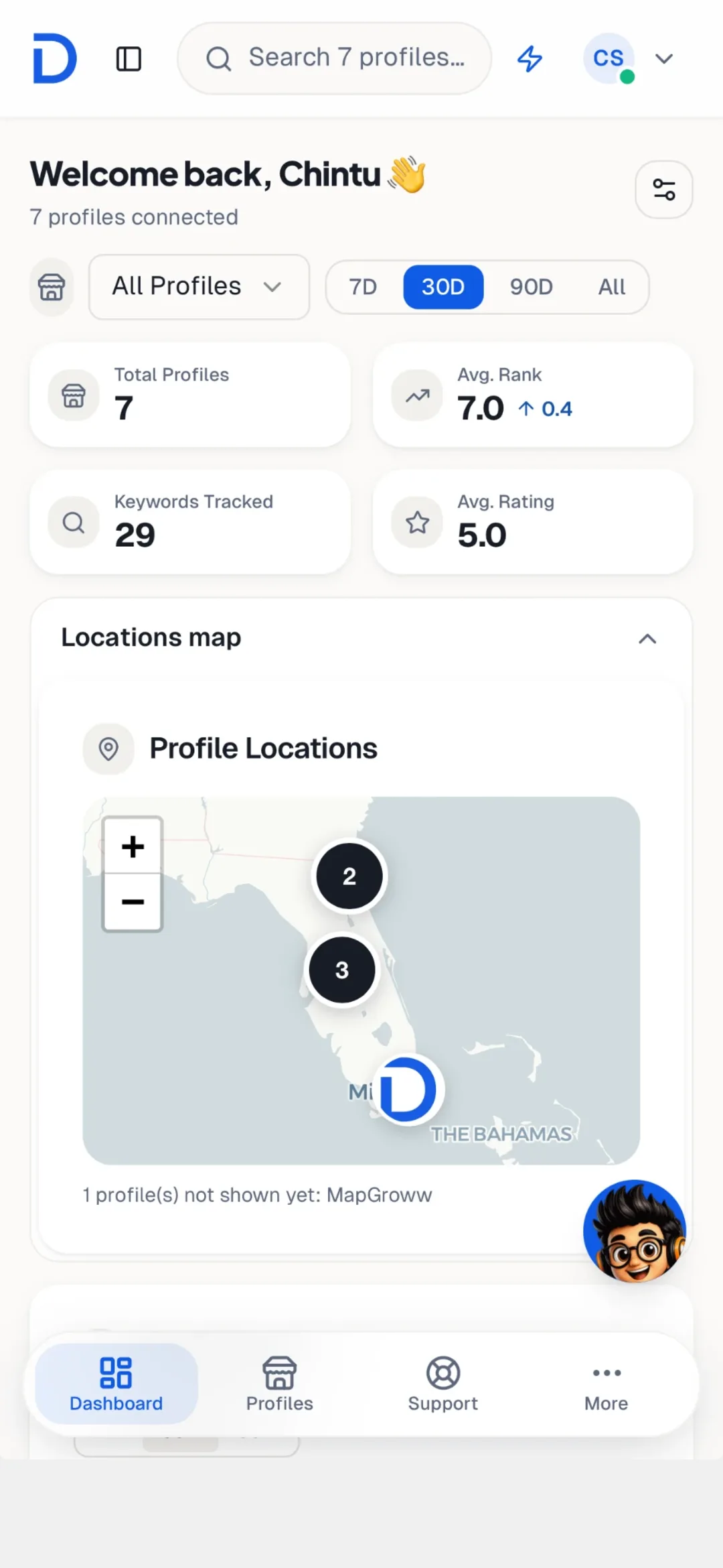 MapGroww app dashboard with profile count, average rank and rating