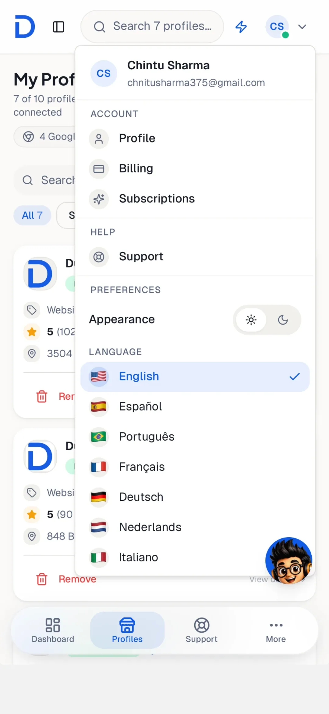 MapGroww app account menu with appearance and language settings