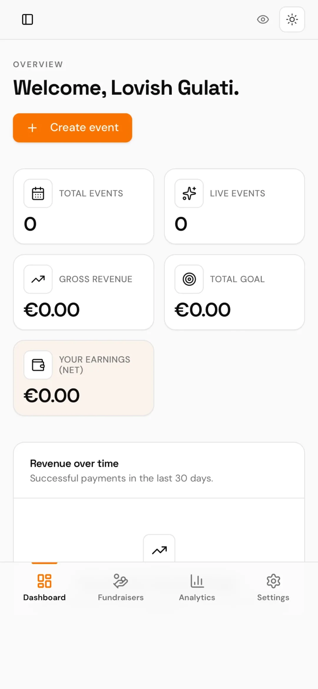 SponsorMe app organiser dashboard with events, revenue and net earnings