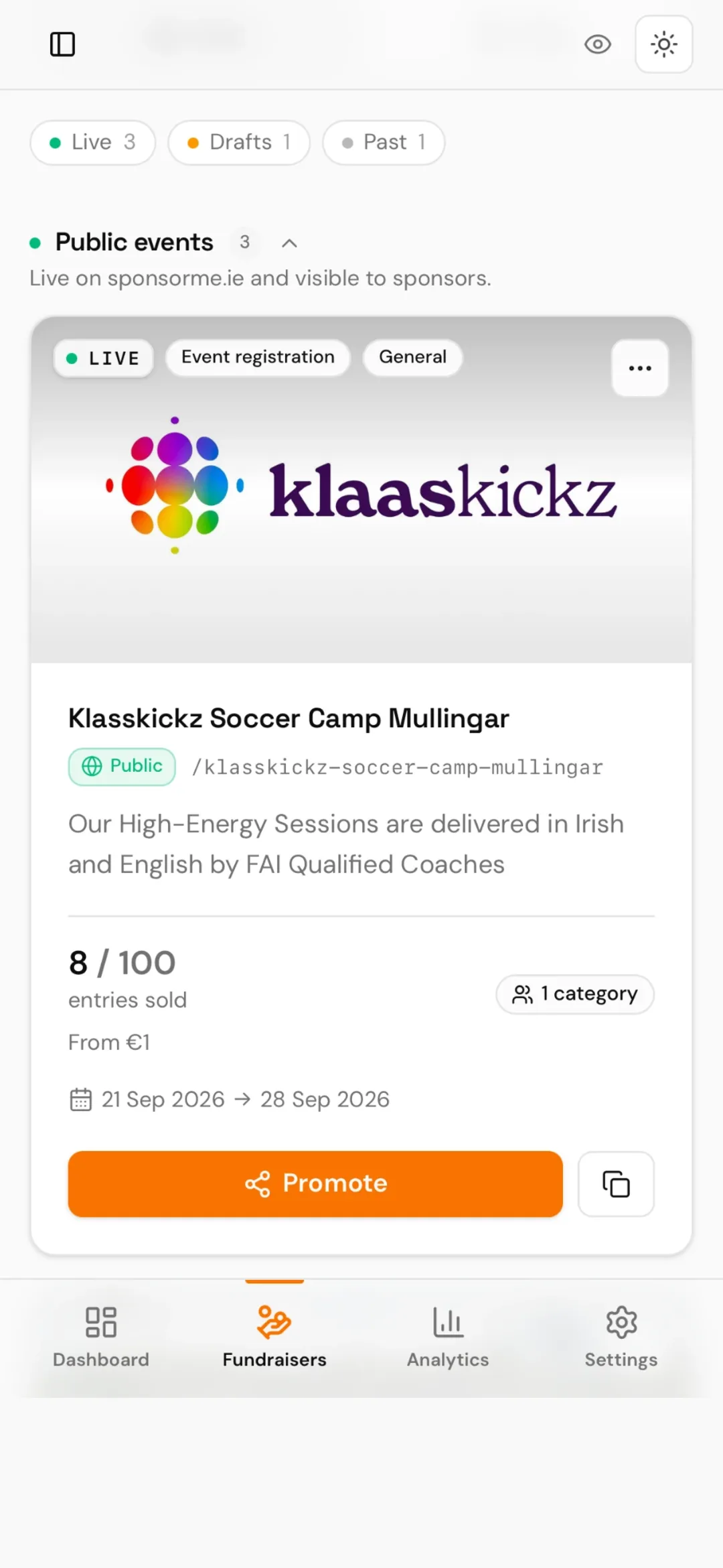 SponsorMe app fundraisers list showing a live event with entries sold
